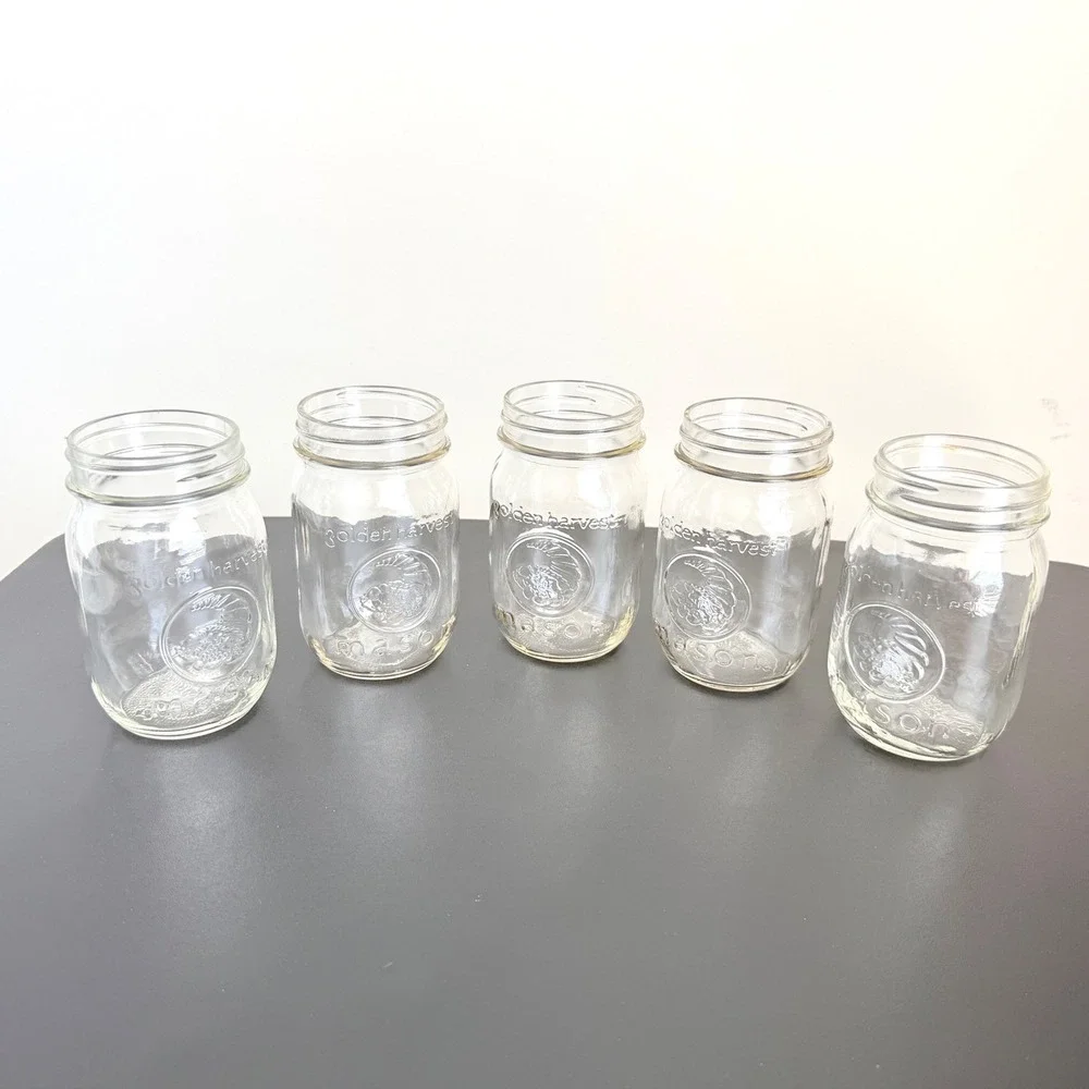Lot 5 Vintage Golden Harvest Mason Jars Regular Mouth Clear Glass Canning